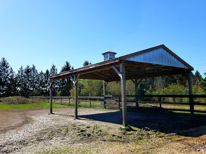 photo of an open shelter in a sunny paddock