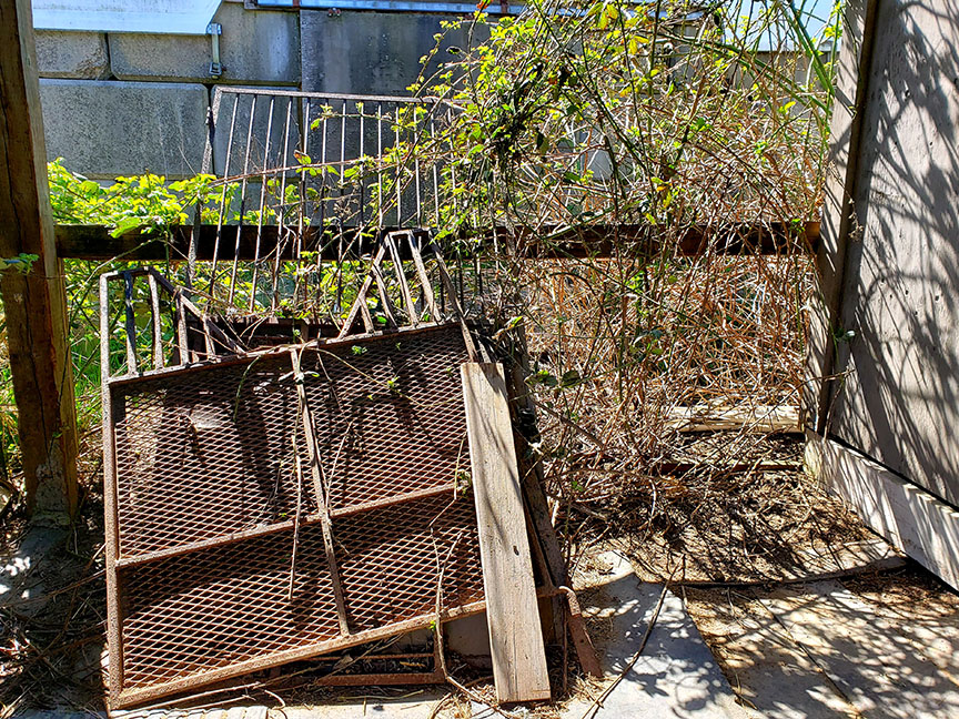 photo of a rusted stall gate leaning against a pile of brush