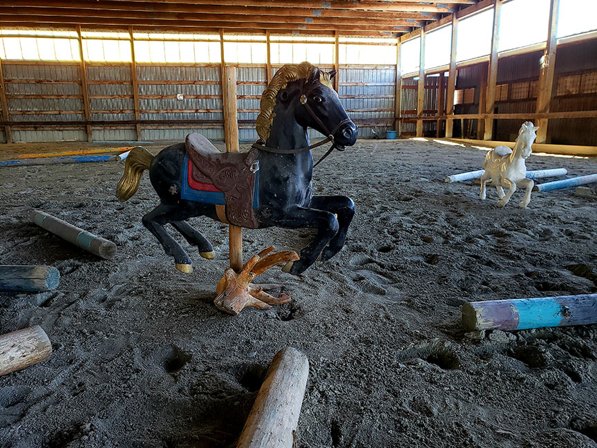 photo of a wooden carousel horse in a deserted indoor riding arena, surrounded by ground poles