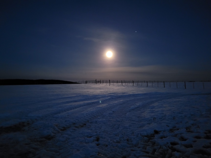 nighttime photo of an empty ranch field covered in snow, under a full moon