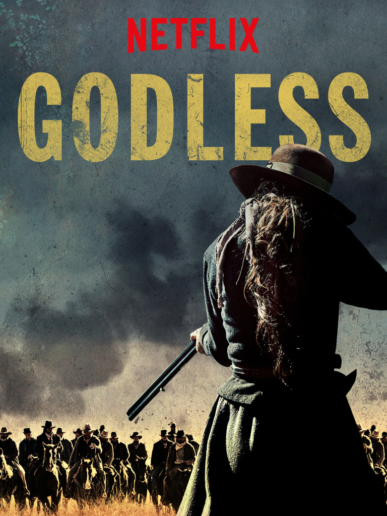 series art for Godless showing a woman with a rifle before 30 men on horseback