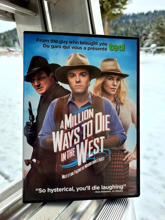 photo of a million ways to die in the west dvd, on a ladder with snow in the background