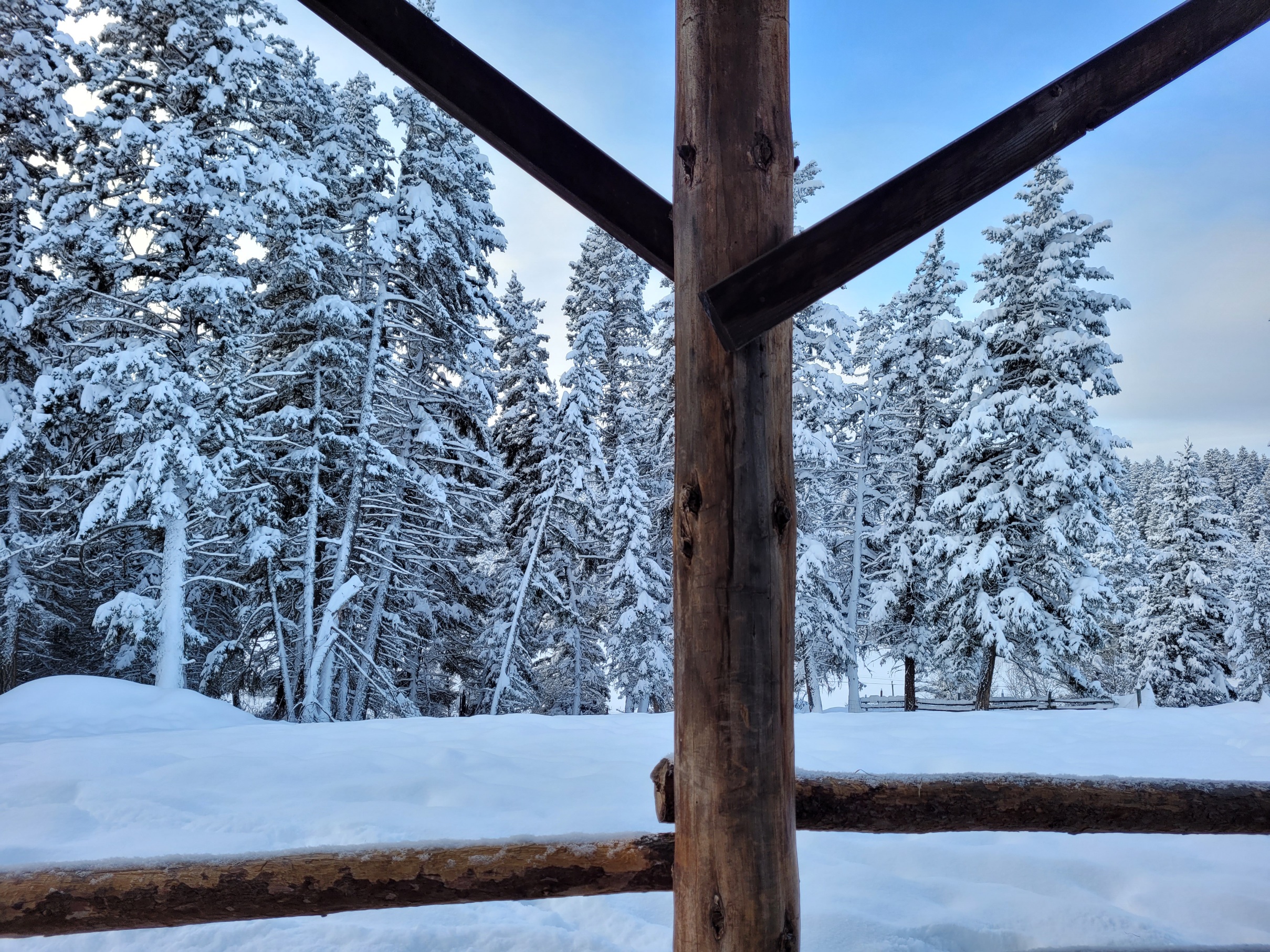 photo looking through a wooden fence at a field of snow