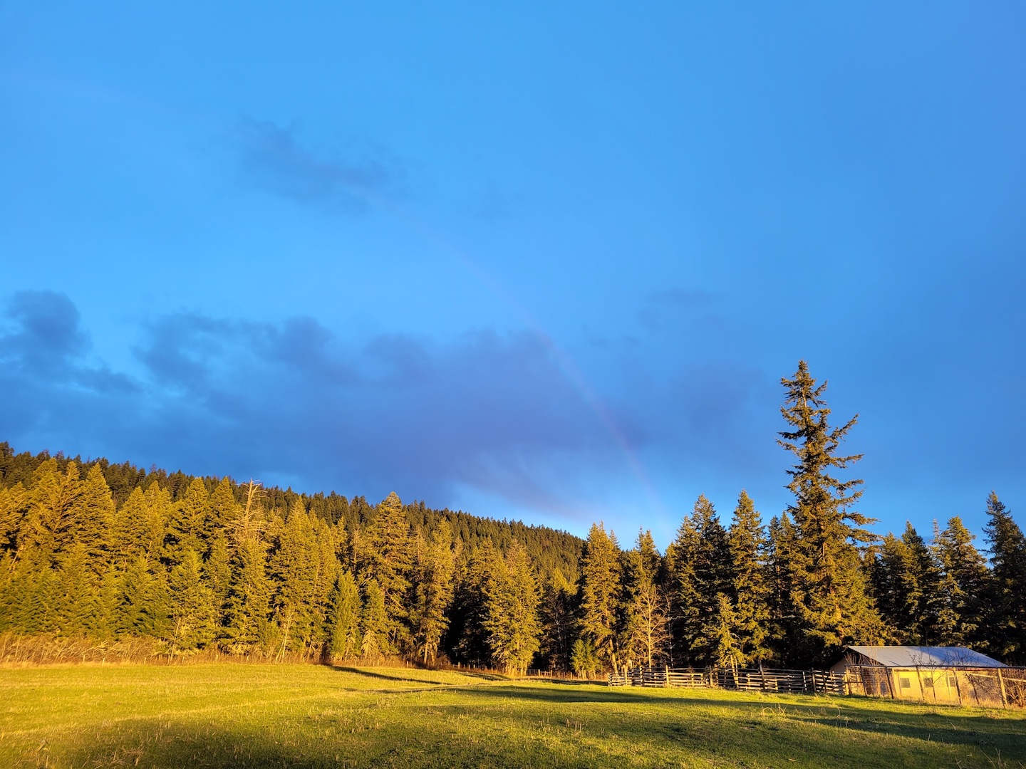 photo of a rainbow at sunset over a ranch field