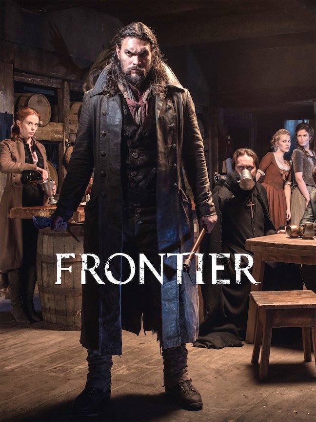 promotional photo for Frontier showing Jason Momoa in the foreground and other actors behind him in a saloon