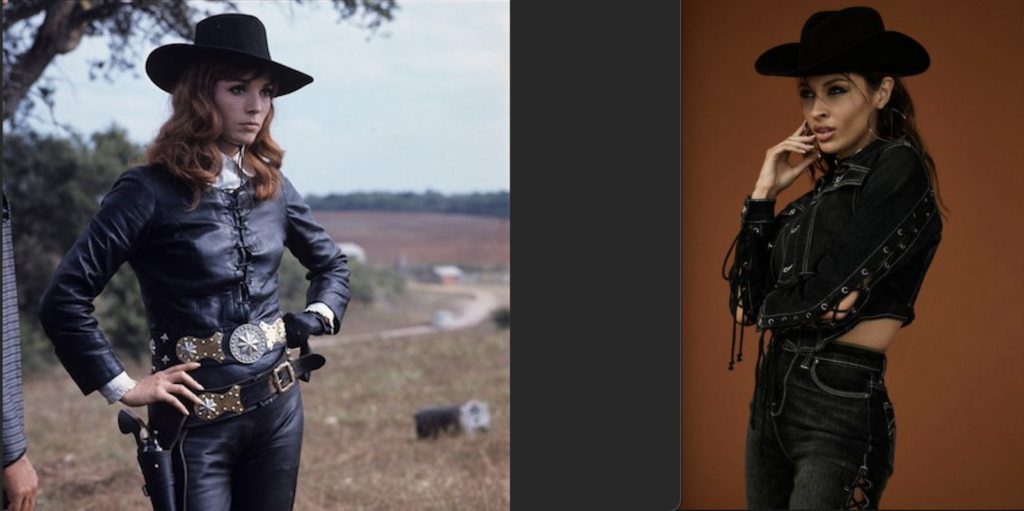 photo of belle starr's costume next to an add for True Religion jeans where the model is wearing an outfit that looks almost the same, including the hat