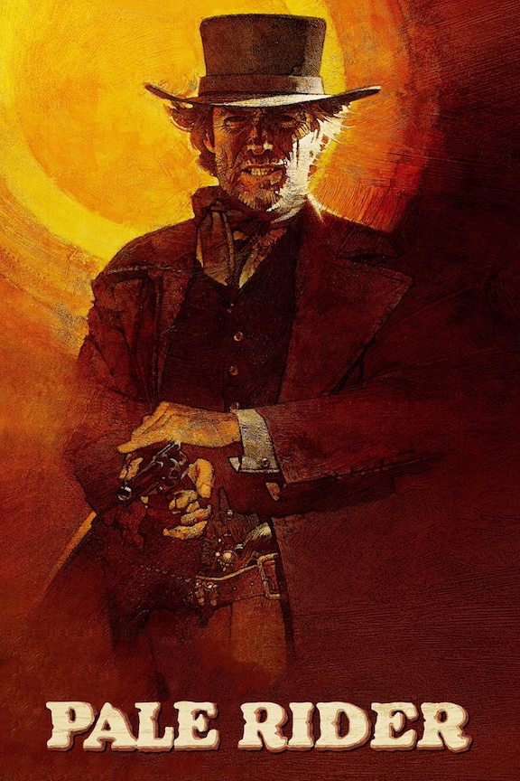 a promo photo for Pale Rider showing Clint Eastwood pointing a gun, in sepia colours
