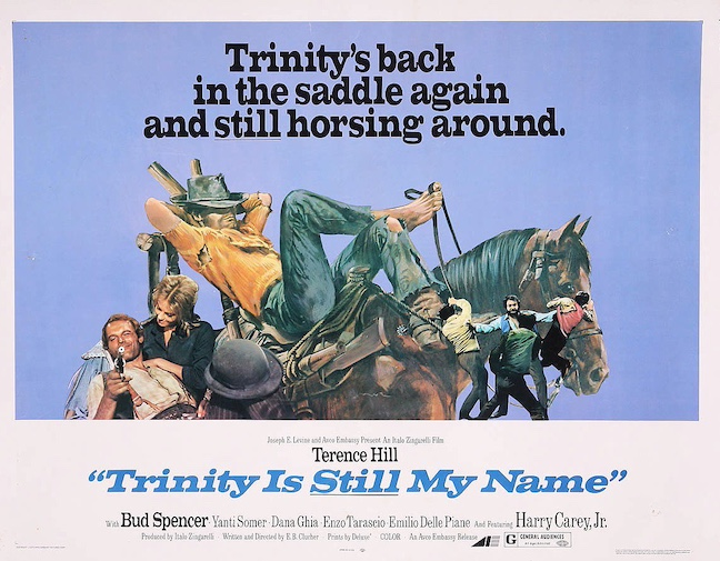 english version of the trinity is still my name movie poster, showing an illustration of trinity reclining in a chair on horseback, sleeping