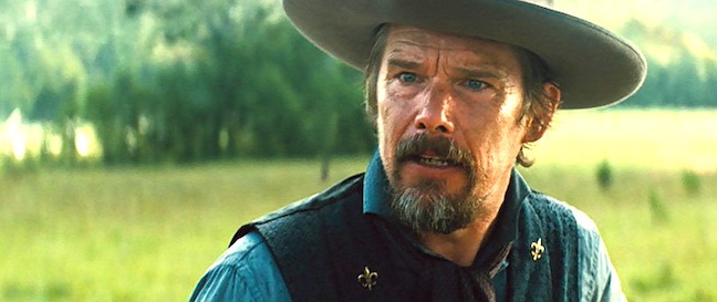 ethan hawke looking rattled in the magnificent seven