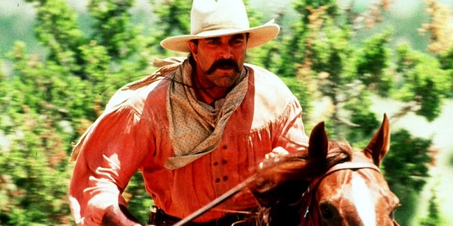 screenshot of tom selleck on horseback in last stand at saber river