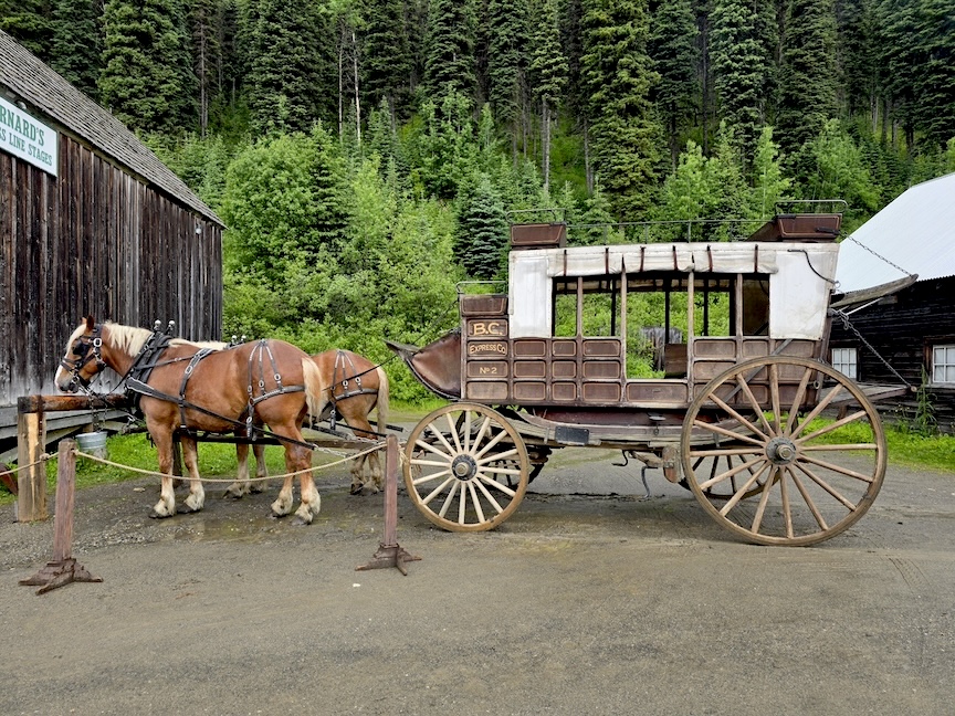 a horse-drawn stagecoach parked in Barkerville